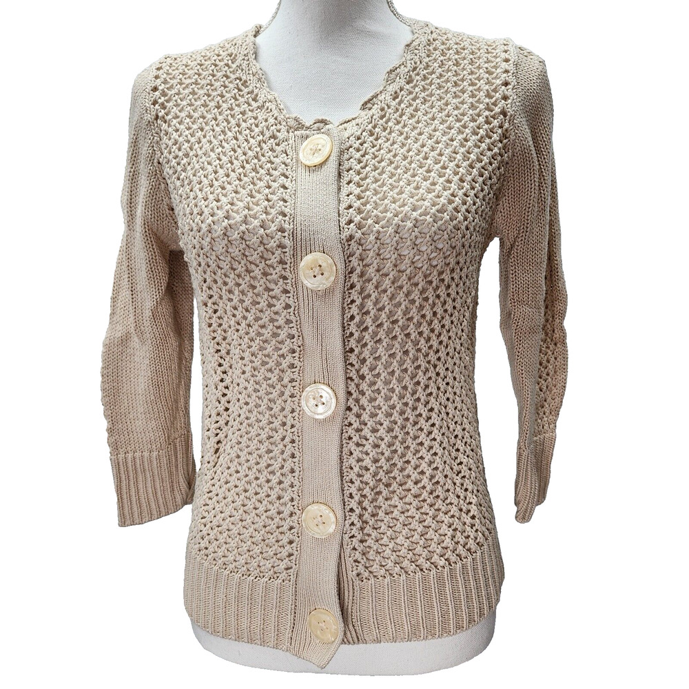 GAP Sweater Women’s Small/Med Tan Button-Up Cardigan Open Knit Sheer Lightweight - Picture 2 of 11
